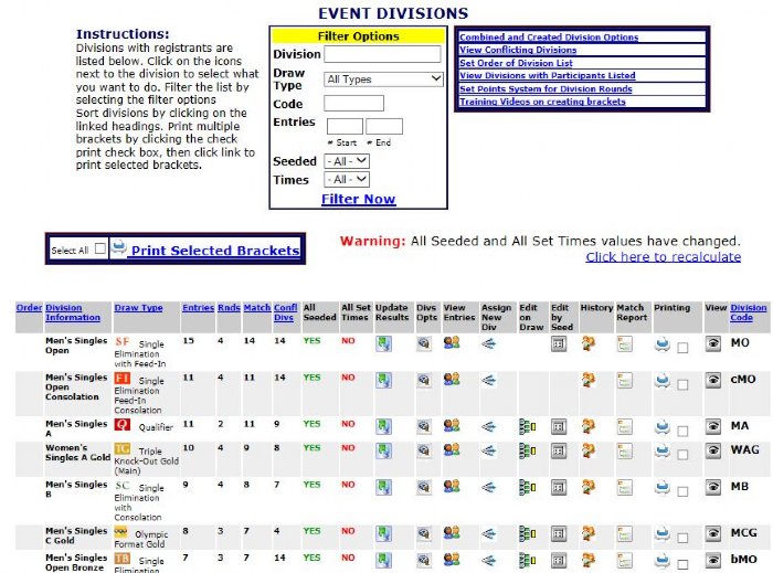 R2 Sports bracket listing interface showing tournament format organization, division navigation, and quick-access seeding tools.