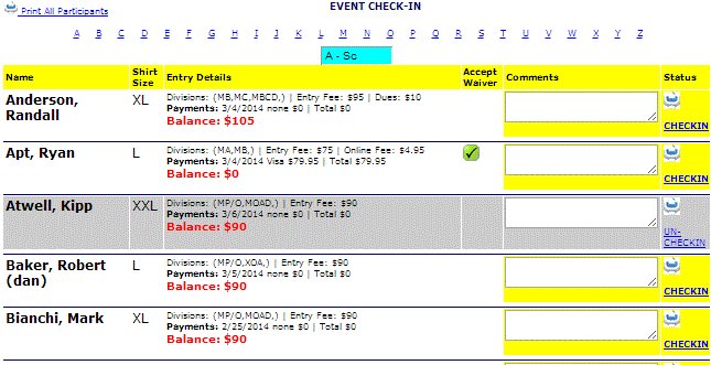 R2 Sports tournament check-in desk interface demonstrating athlete verification, fee collection, and live database synchronization for event management.