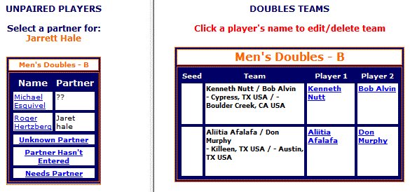 R2 Sports doubles bracket interface showing partner pairing management, team-based seeding tools, and automated bracket generation for doubles competition.