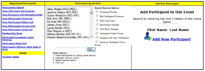 R2 Sports participant management dashboard showing registration modification tools, roster report generation, and athlete check-in features.