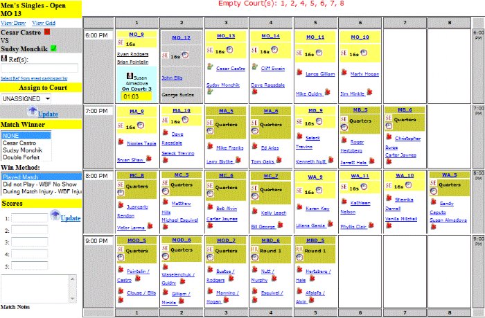 Instructional screenshot of the Tournament Planner time grid showing live match status and update sidebar.