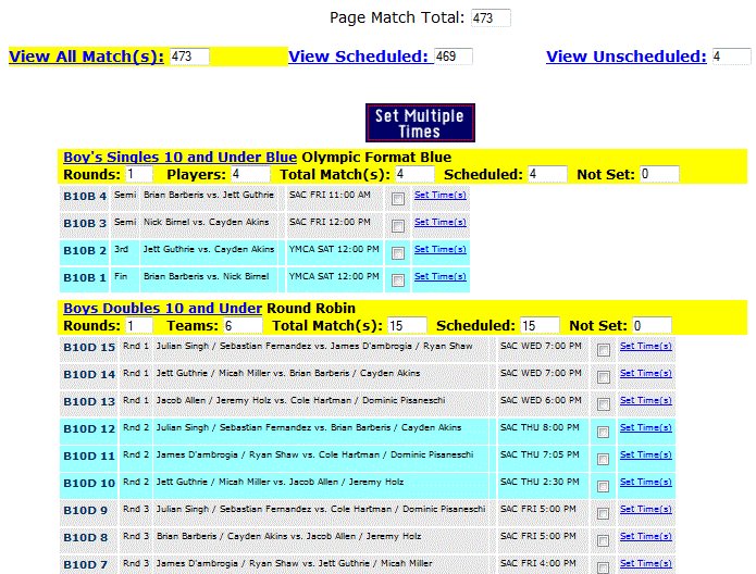 Instructional screenshot of the Tournament Scheduling Software interface showing division filters and batch match check boxes.