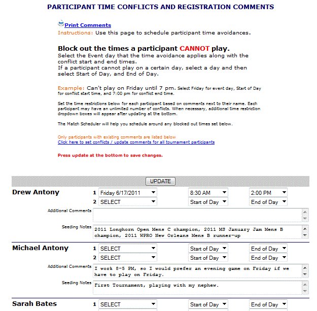 Instructional screenshot of the Tournament Maker Conflicts interface showing conflict duration setup and restriction slot expansion.