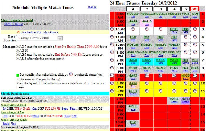 Instructional screenshot of the Tournament Draw and Timing scheduler interface showing grid color codes.