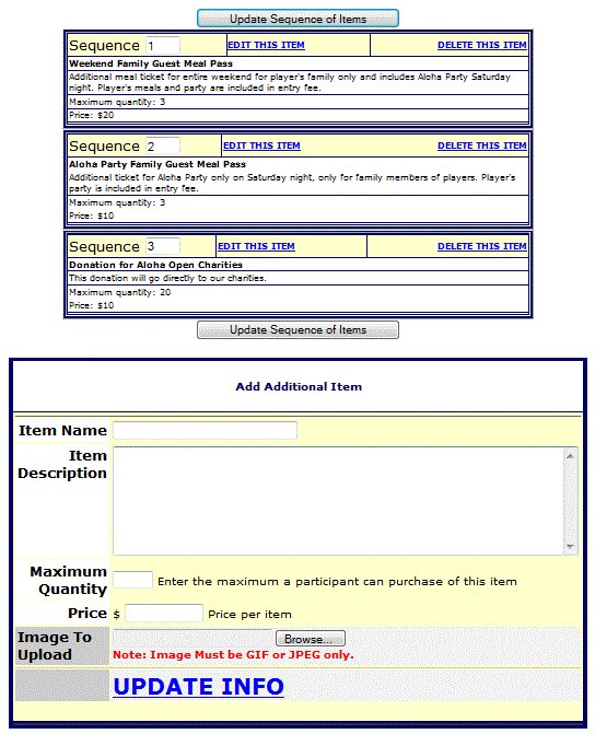 R2 Sports interface showing configuration panels for additional tournament registration items, product image uploads, and real-time checkout invoice recalculation.
