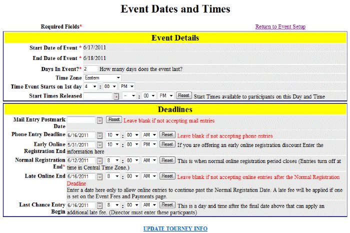 R2 Sports interface preview showing tournament manager options for setting tiered registration dates and automated late fee deadlines.